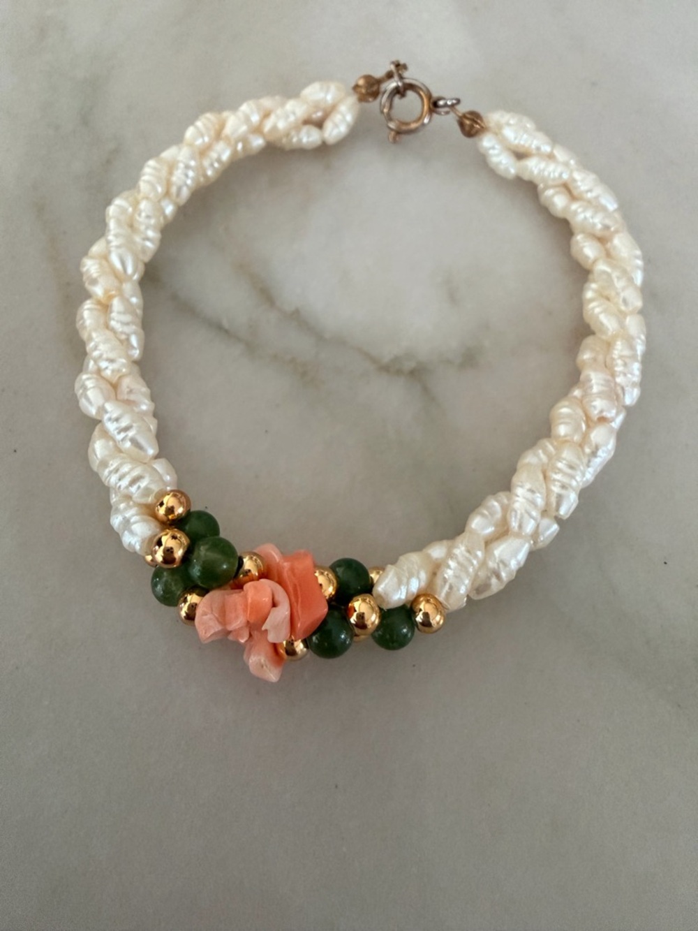 Vintage White Baroque Pearl Braided Bracelet with Green Jade beads Coral pieces